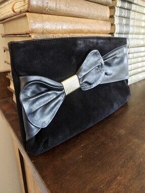 VTG Jacobson’s Black Suede & Leather Bow Clutch | Gold Ribbon Accent | Crossbody